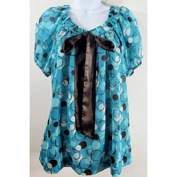 Apt 9 Blue Teal Brown Geo Print Bow On Bodice Top Medium Lightweight Flowy Soft - Picture 1 of 6